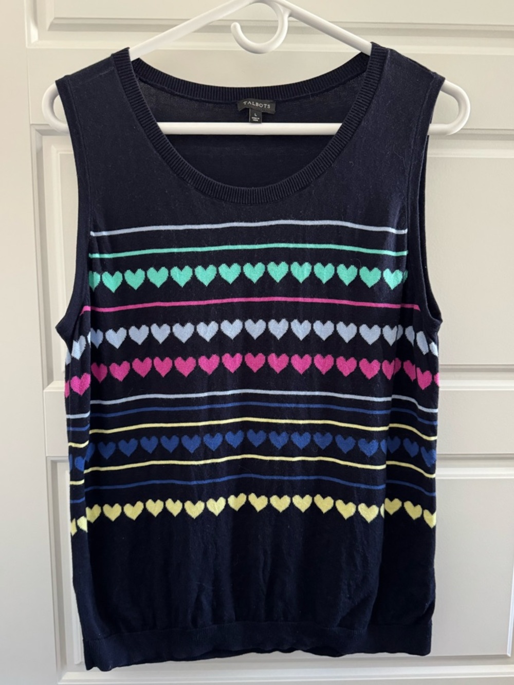 Talbots Lightweight Sleeveless Sweater Shell with Heart Print, Navy, Size L